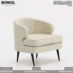 A promotional image of the 'SUMASH Chair' from BONGO. This is a modern barrel chair upholstered in a light beige textured fabric. It features a rounded, continuous back-and-arm design, a thick T-shaped seat cushion, and stands on four angled, tapered black legs.