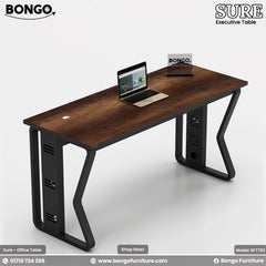 Water Resistant Strong Laminated Board desk with black metal legs on a white background, featuring Bongo Furniture branding.