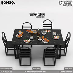 A white dining table set for six with dishes and silverware, branded as 'SUSHI - Dining Table' from BONGO furniture.