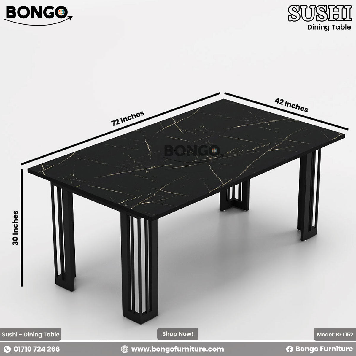A white dining table set for six with dishes and silverware, branded as 'SUSHI - Dining Table' from BONGO furniture.