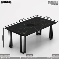 A white dining table set for six with dishes and silverware, branded as 'SUSHI - Dining Table' from BONGO furniture.