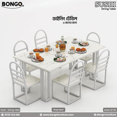A white dining table set for six with dishes and silverware, branded as 'SUSHI - Dining Table' from BONGO furniture.