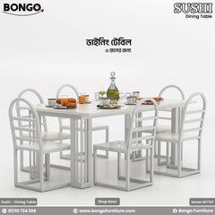 A promotional image of the 'SUSHI Dining Table' from BONGO, a six-seater dining set. The entire set is solid white, with a rectangular table and six matching chairs. The chairs feature arched, ladder-style backs, and the table is supported by two geometric pedestal bases. The table is staged for a meal.