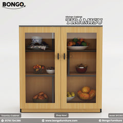 A kitchen cabinet with glass-paneled doors featuring items organized inside, with a Water Resistant Strong Laminated Board body and a white kitchen countertop.