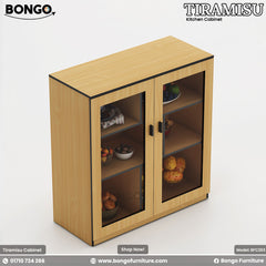 A kitchen cabinet with glass-paneled doors featuring items organized inside, with a Water Resistant Strong Laminated Board body and a white kitchen countertop.