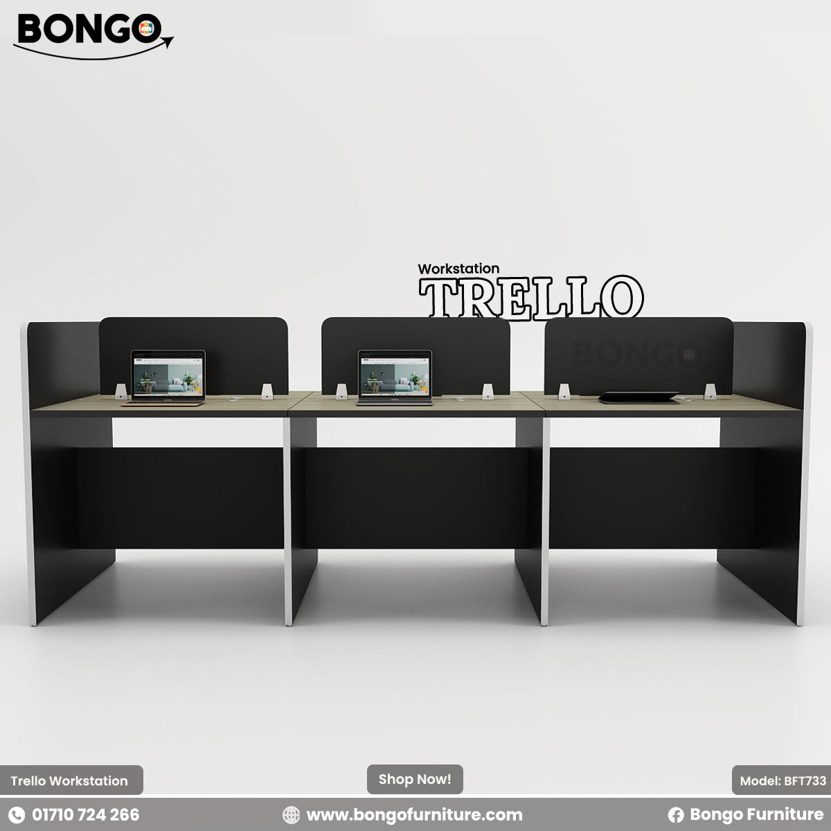 A promotional image of the 'Workstation TRELLO' from BONGO. The image shows a modern, three-person linear workstation combining light wood-grain desktops with a black frame. The three workspaces are separated by thin white dividers and low black privacy screens. The station is shown against a plain background and is staged with laptops.