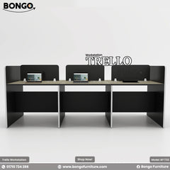 A promotional image of the 'Workstation TRELLO' from BONGO. The image shows a modern, three-person linear workstation combining light wood-grain desktops with a black frame. The three workspaces are separated by thin white dividers and low black privacy screens. The station is shown against a plain background and is staged with laptops.
