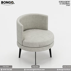 A promotional image of the 'TREX Chair' from BONGO. The modern armchair is upholstered in a light gray textured fabric and features a large cylindrical base with a round seat cushion. A distinct, curved backrest wraps around the chair, which is supported by four angled black legs.