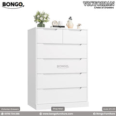 A promotional image of the "VICTORIAN Chest of Drawers." The tall, modern dresser is solid white and features six handleless drawers. The top row has two smaller drawers side-by-side, followed by four full-width drawers below. The top of the chest is decorated with a vase of white flowers, a small clock, and other decorative figurines. The "BONGO" brand logo is in the top-left corner.