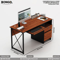 A promotional image of the 'VISIONARY Multipurpose Table' from BONGO. This industrial-style computer desk features a reddish-brown Water Resistant Strong Laminated Board  top and a black metal frame with an X-brace. It includes a pull-out keyboard tray and an attached storage pedestal with an open cubby and two drawers. Dimension labels show the desk is 54 inches long, 30 inches high, and 23 inches deep.