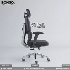 Black office chair labeled 'Vital' with Bongo Furniture branding on a light gray background.