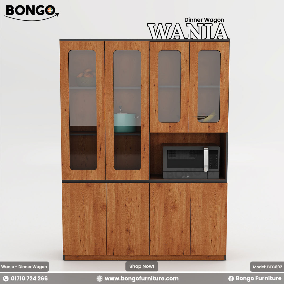 Elegant brown dinner wagon with glass doors and shelves, featuring a microwave oven, designed for dining storage and organization.