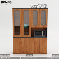 Elegant brown dinner wagon with glass doors and shelves, featuring a microwave oven, designed for dining storage and organization.