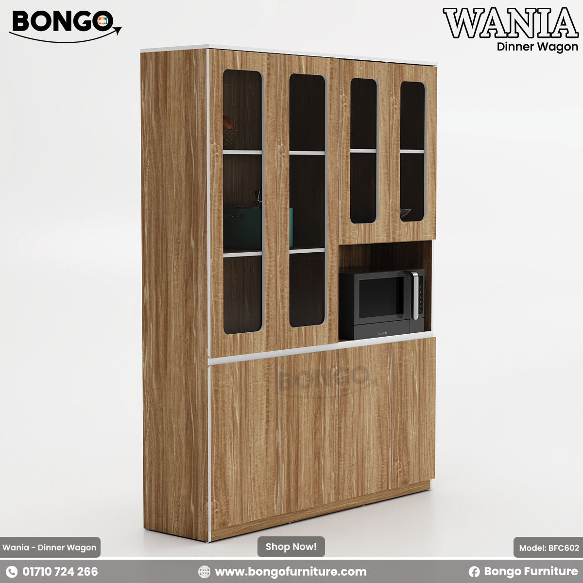 Elegant brown dinner wagon with glass doors and shelves, featuring a microwave oven, designed for dining storage and organization.