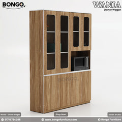Elegant brown dinner wagon with glass doors and shelves, featuring a microwave oven, designed for dining storage and organization.