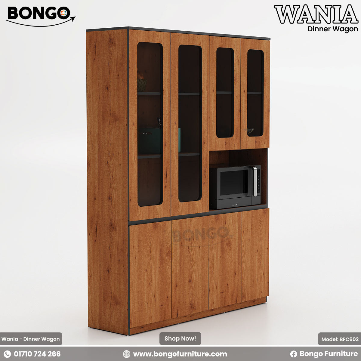 Elegant brown dinner wagon with glass doors and shelves, featuring a microwave oven, designed for dining storage and organization.