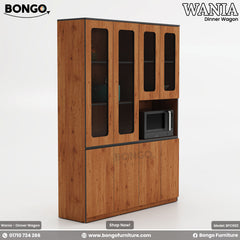 Elegant brown dinner wagon with glass doors and shelves, featuring a microwave oven, designed for dining storage and organization.