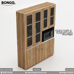 A promotional image of the 'WANIA Dinner Wagon' from BONGO. This is a tall kitchen pantry cabinet with a light Water Resistant Strong Laminated Board finish and silver trim. The unit features a four-door upper cabinet with glass panels, a central open nook holding a microwave, and a solid two-door cabinet at the bottom.