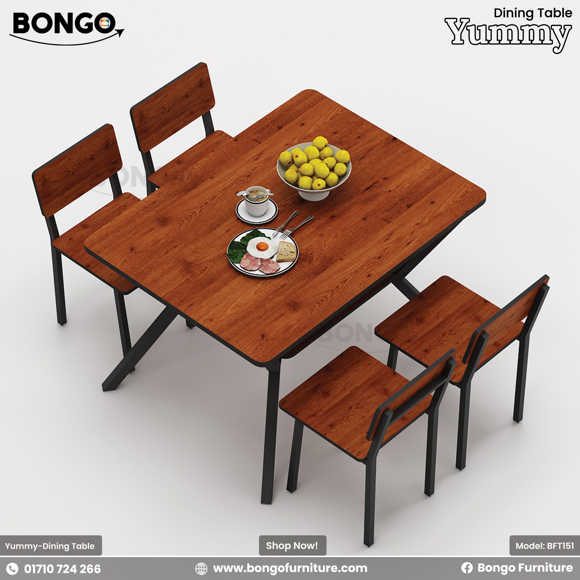 A Yummy dining table set with four Granada Pine and Granada Pine chairs, and Black Edge.