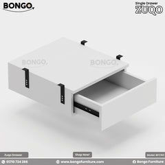 White drawer with open compartment on a light gray background.