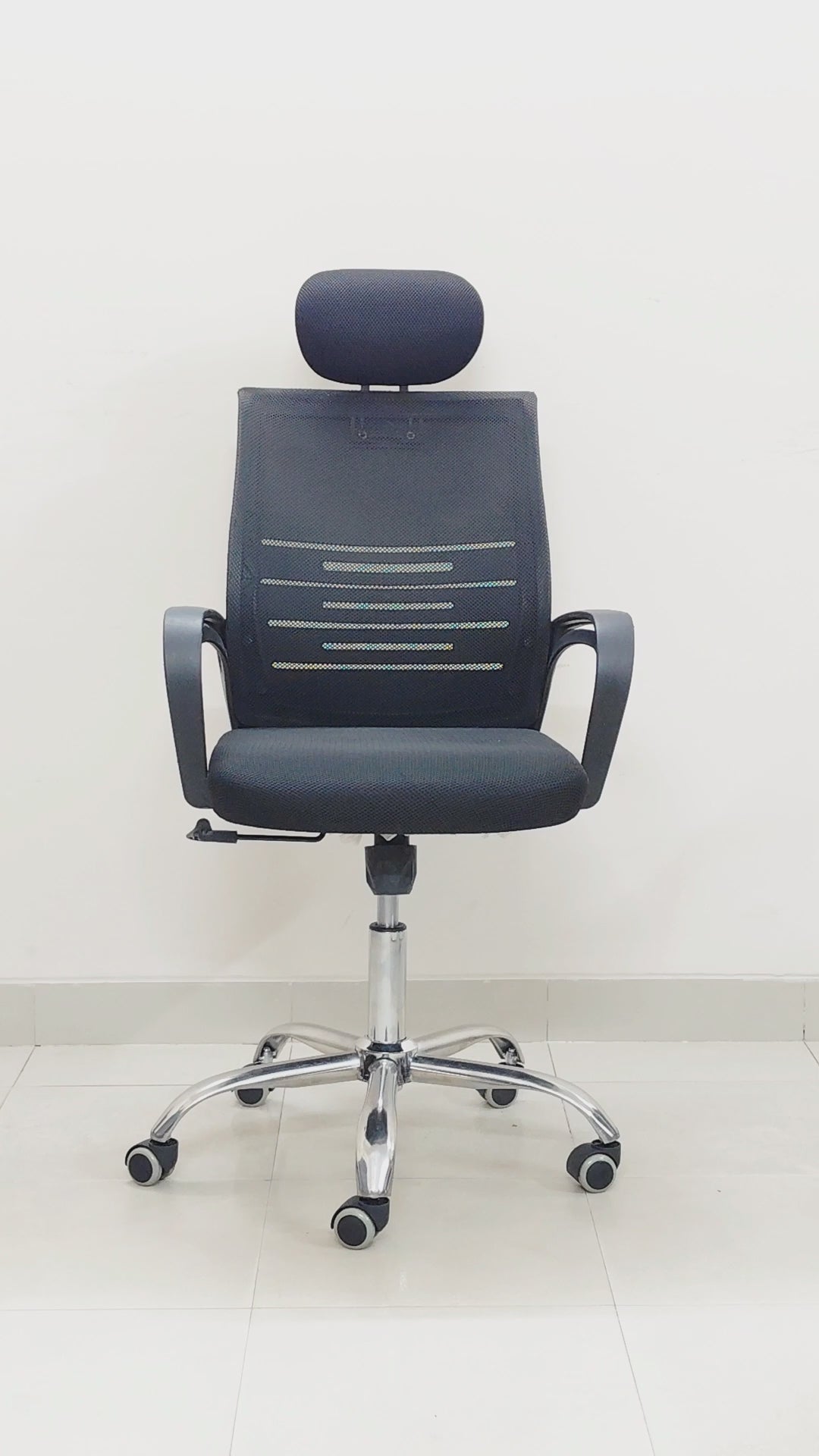 Bongo Furniture Fuoco Office Chair model BFS054 featuring a high mesh back, integrated headrest, and chrome swivel base