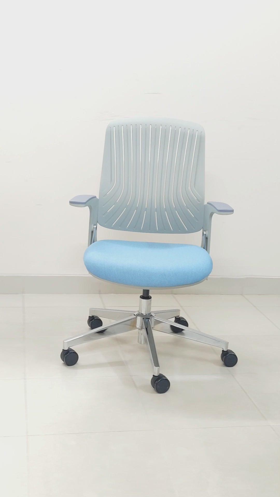 Bongo Furniture Orian Comfortable Chair model BFS071 with a blue fabric seat, white flexible backrest, and matching white nylon base.